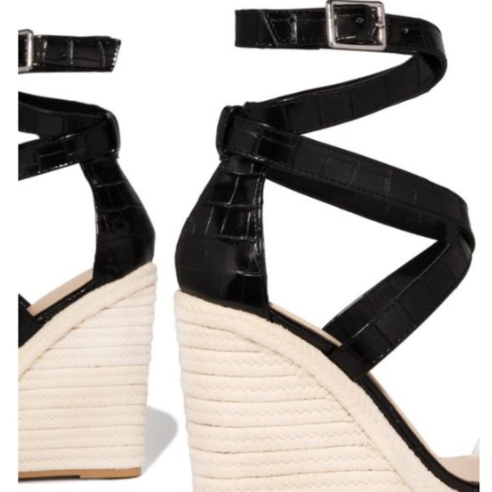 Black Croc Wedge Espadrilles - Picture 5 of 8